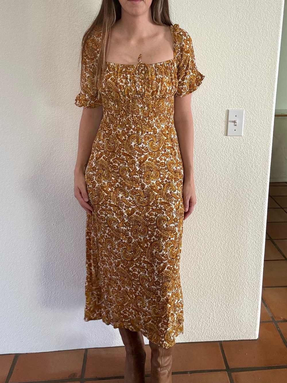Faithfull the Brand Mustard Paisley Smocked Midi Dress: whimsical fall